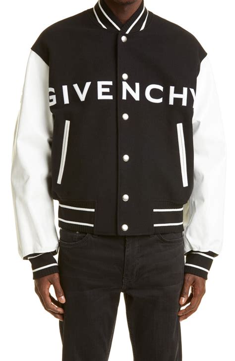 givenchy men leather sleeves wool bomber jacket|givenchy varsity hooded jacket.